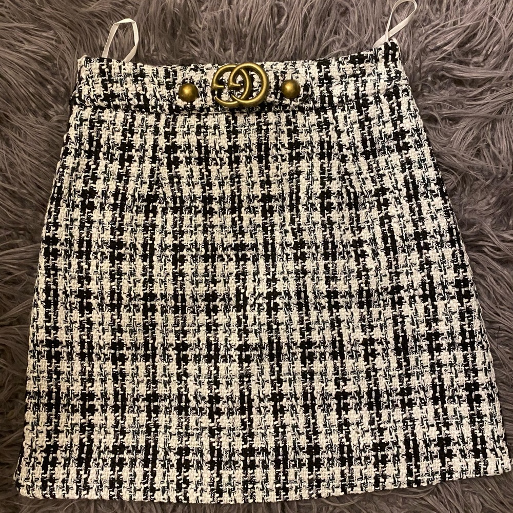 Double G detail black/white plaids skirt